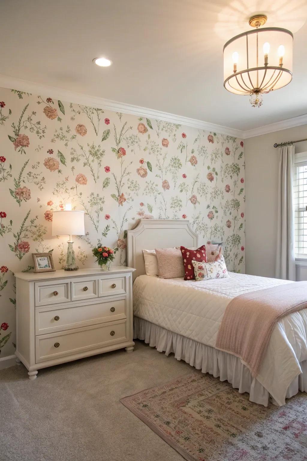 Wallpaper breathes life into the room with its vibrant motifs.