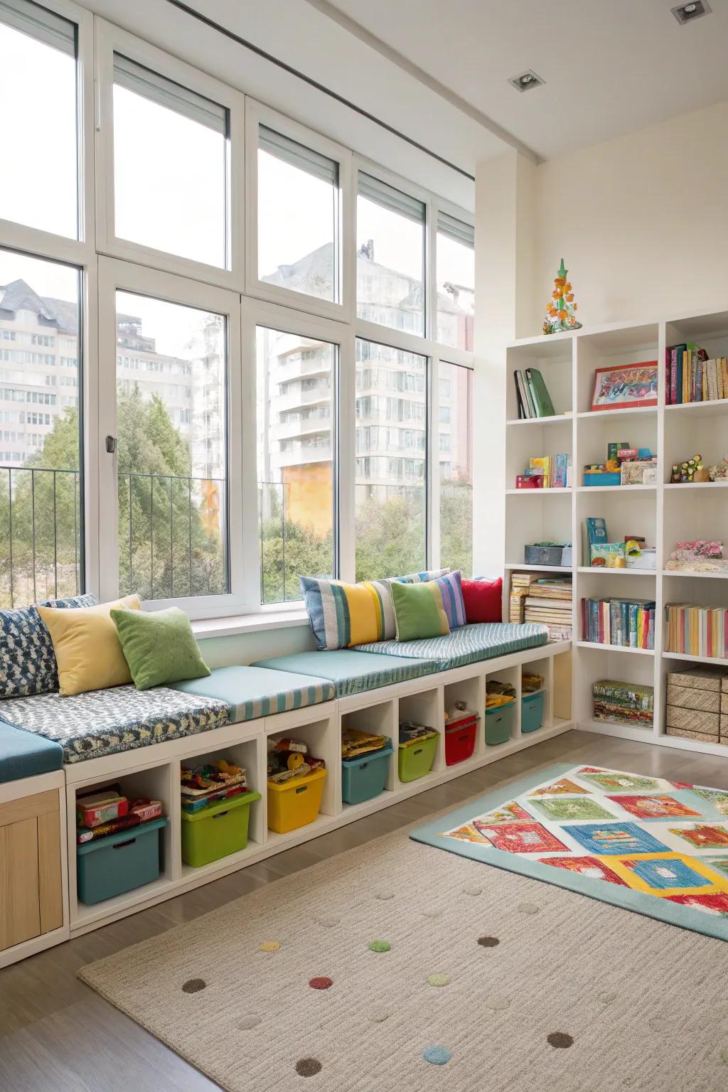 Adaptable furnishings suit many playroom activities.