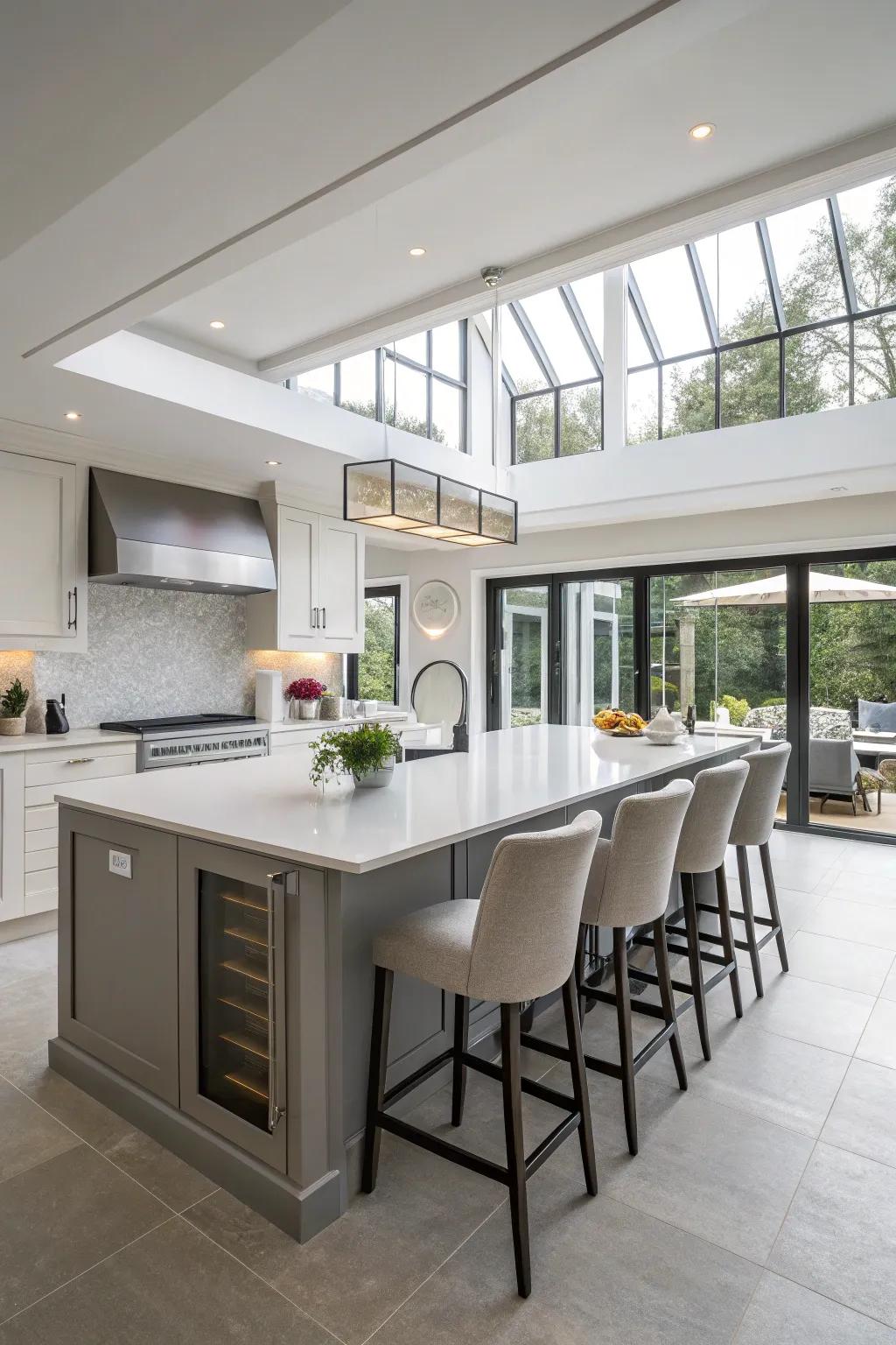 A grand kitchen island that works as both a practical workspace and a social hub.