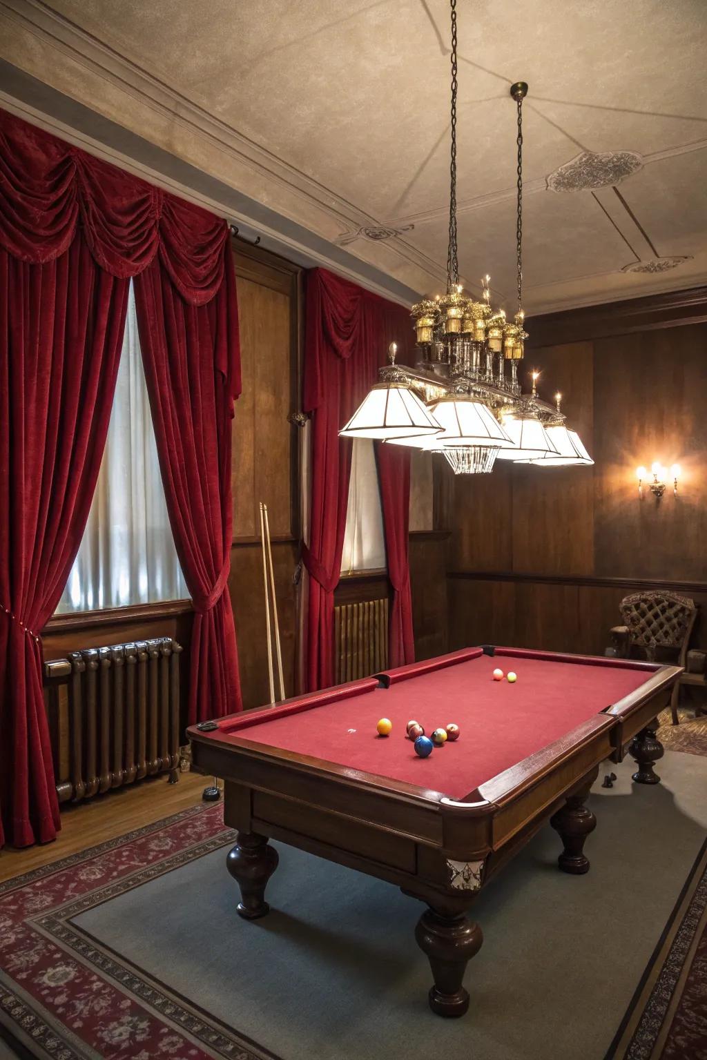 Elegant suspended lighting enhances the ambiance of a gaming room.
