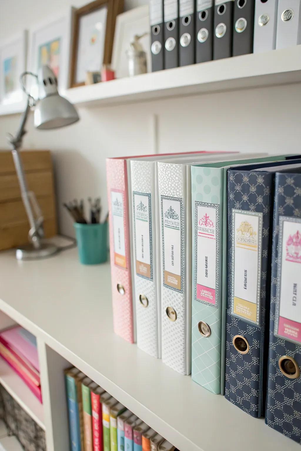 Binders equipped with clear labels for optimal organization.