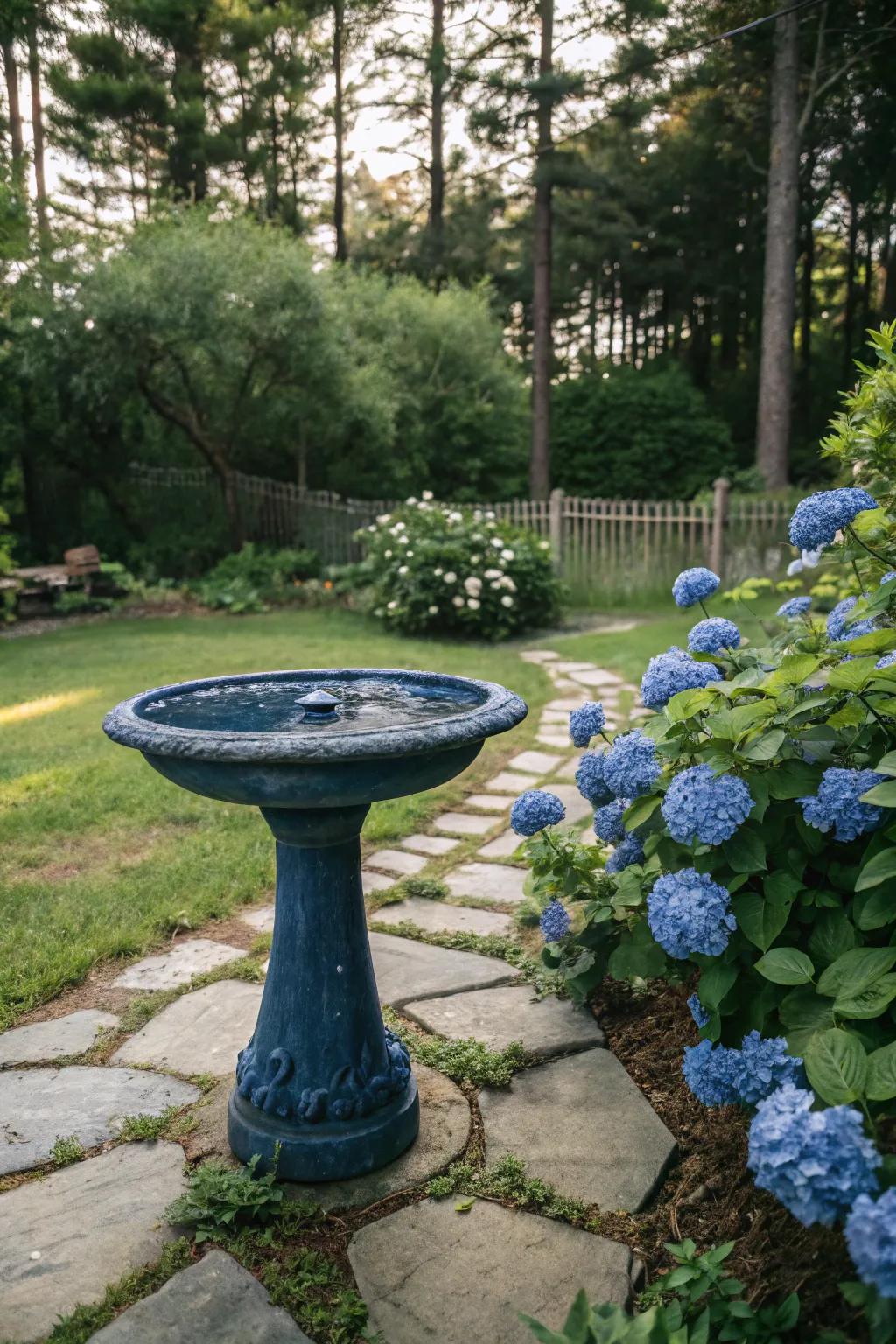A serene blue bird bath in harmony with blue hydrangeas, a tranquil retreat for birds.