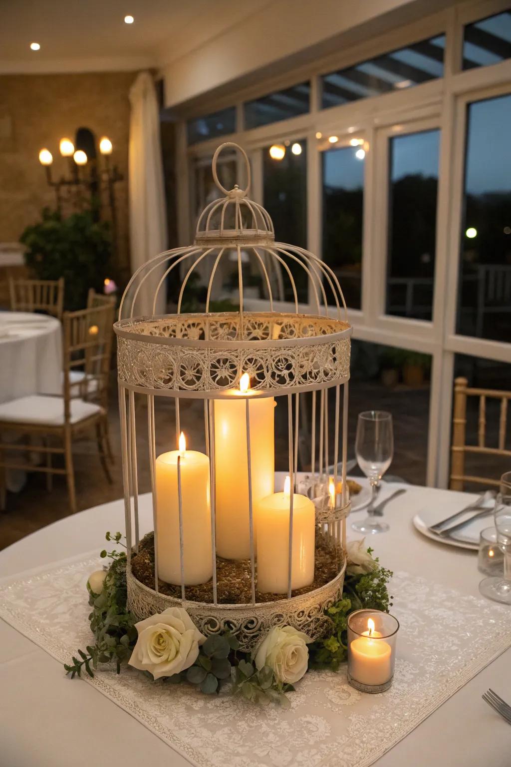 A bird sanctuary centerpiece with candles, creating a snug ambiance.