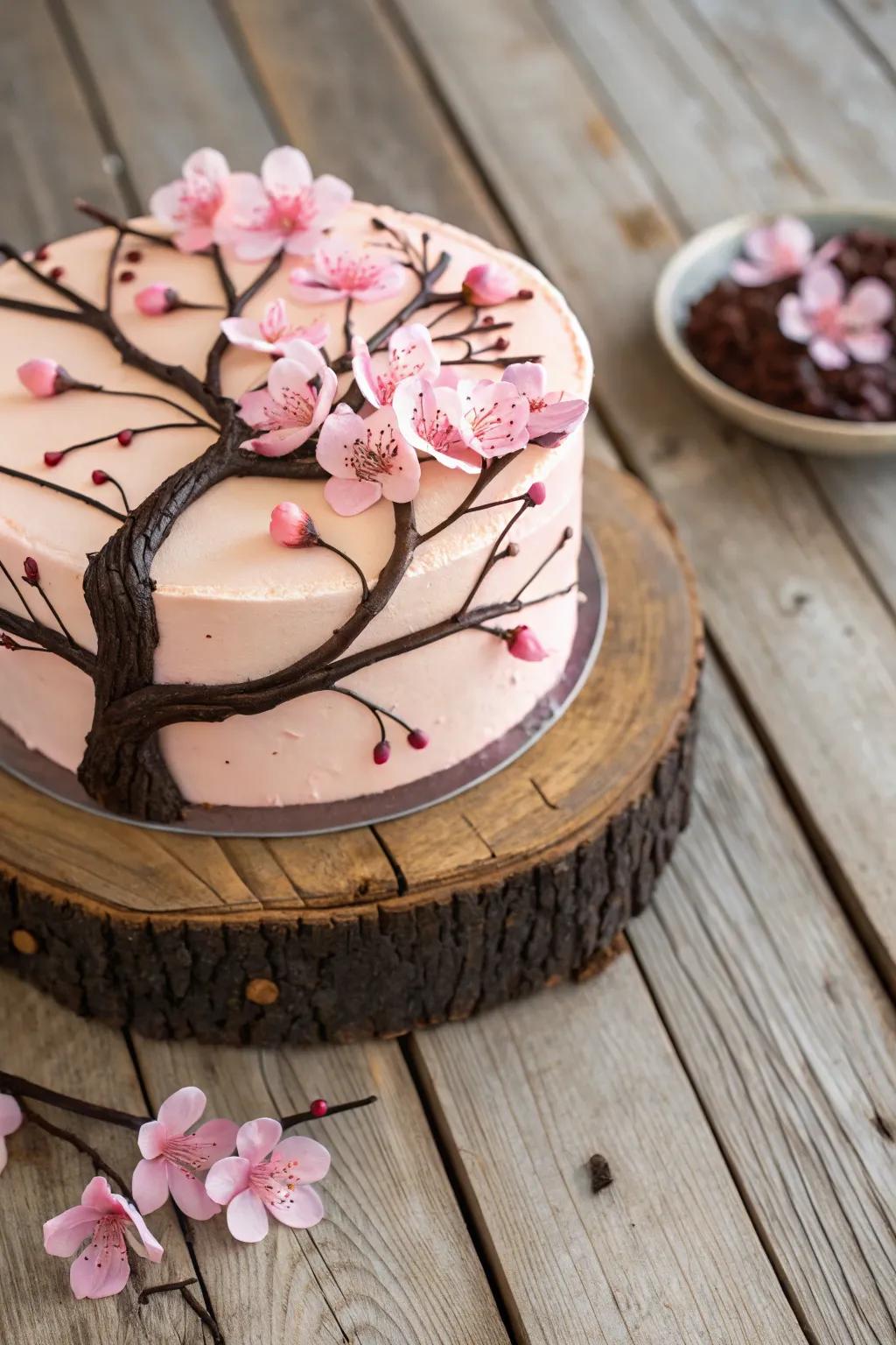 Cherry blossoms coupled with cocoa twigs result in a visually arresting cake.