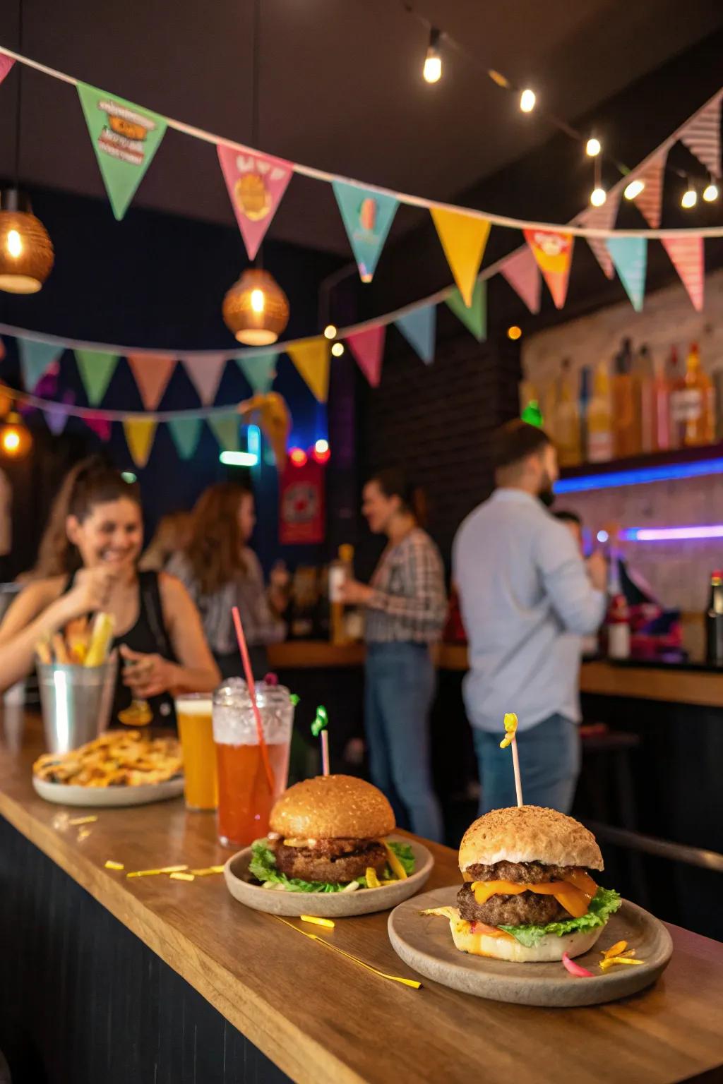 Themed decorations include a festive feel to any burger bar.