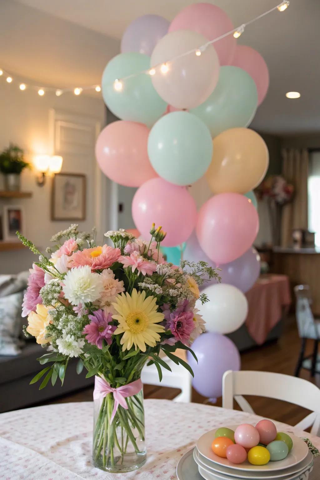 A joyful blend of airy orbs and blossoms for a birthday centerpiece.