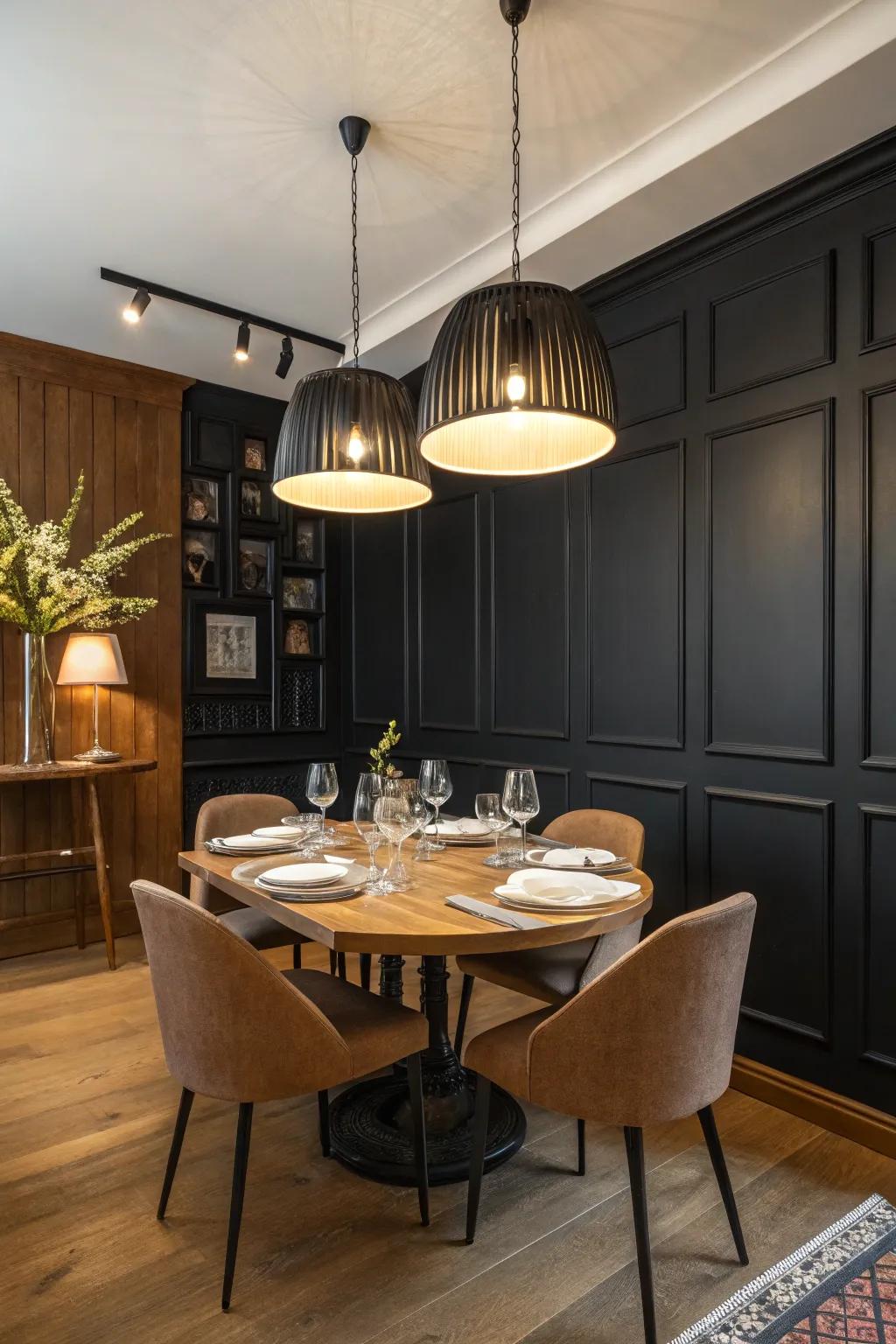 A sophisticated dining area featuring a black accent wall and a stylish wooden dining arrangement.