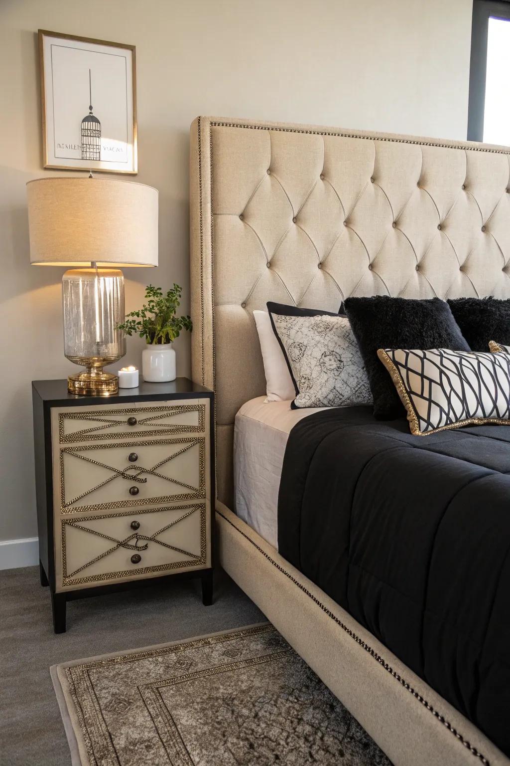 A beige upholstered headboard lends a hint of sophistication to the sleeping quarters.