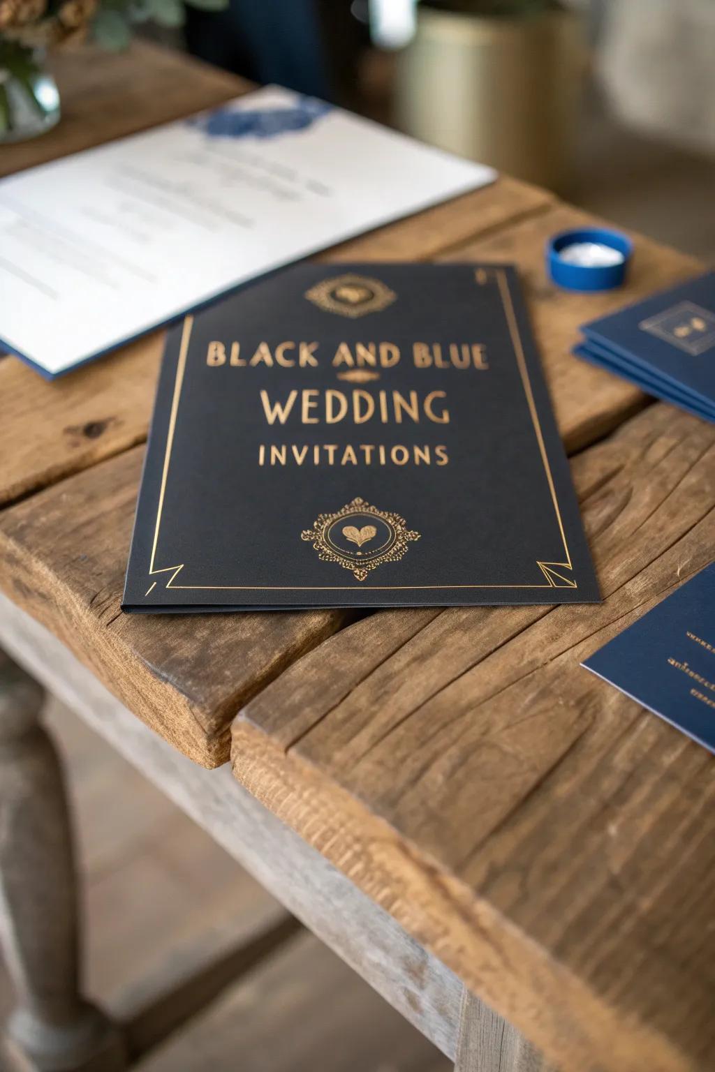 Create a memorable first impression with elegant invitations in charcoal and sapphire.
