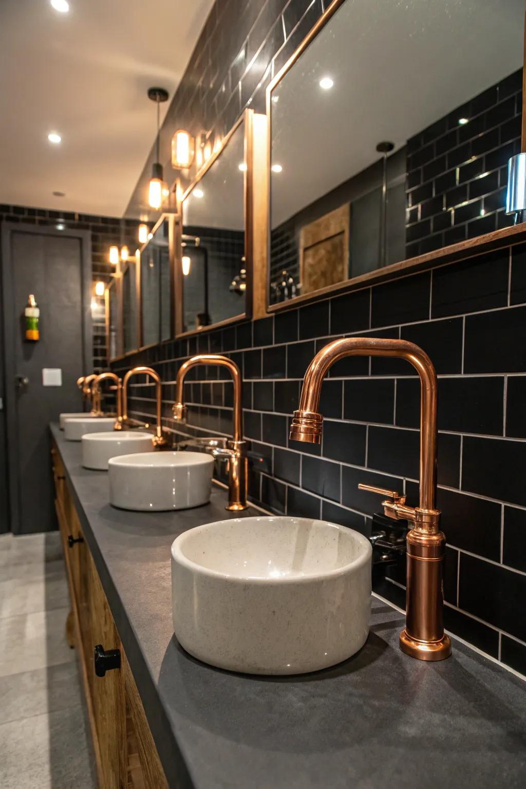 Refined copper hardware beautifully complements polished ebony coverings.