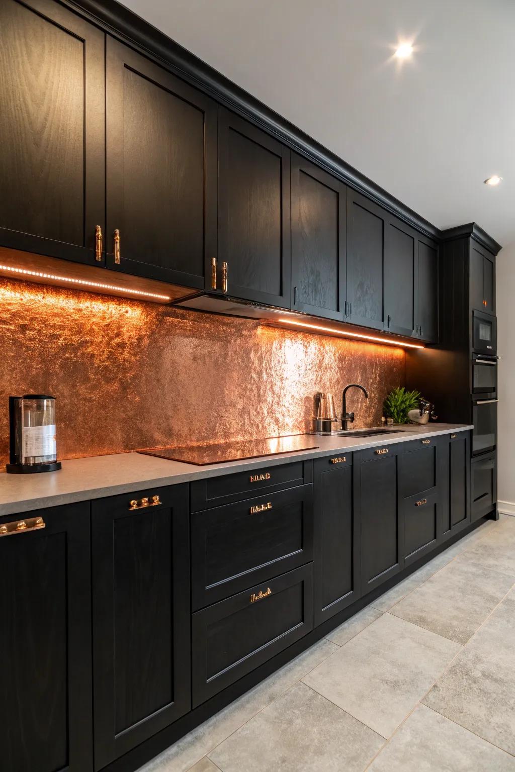 Bronze wall panels add texture and warmth to elegant dark kitchens.