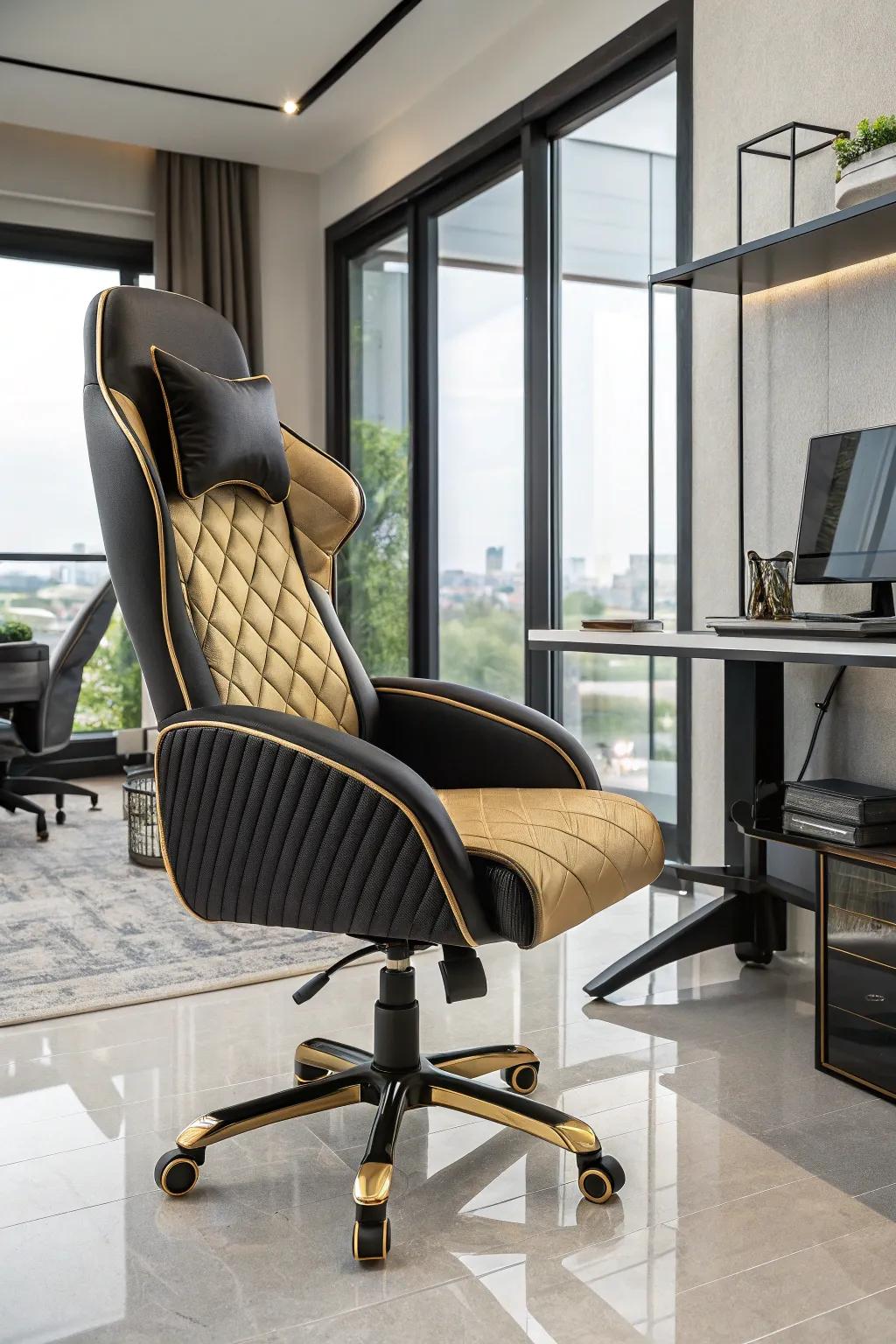 A gold and dark hued chair elegantly merges comfort with ergonomic considerations.