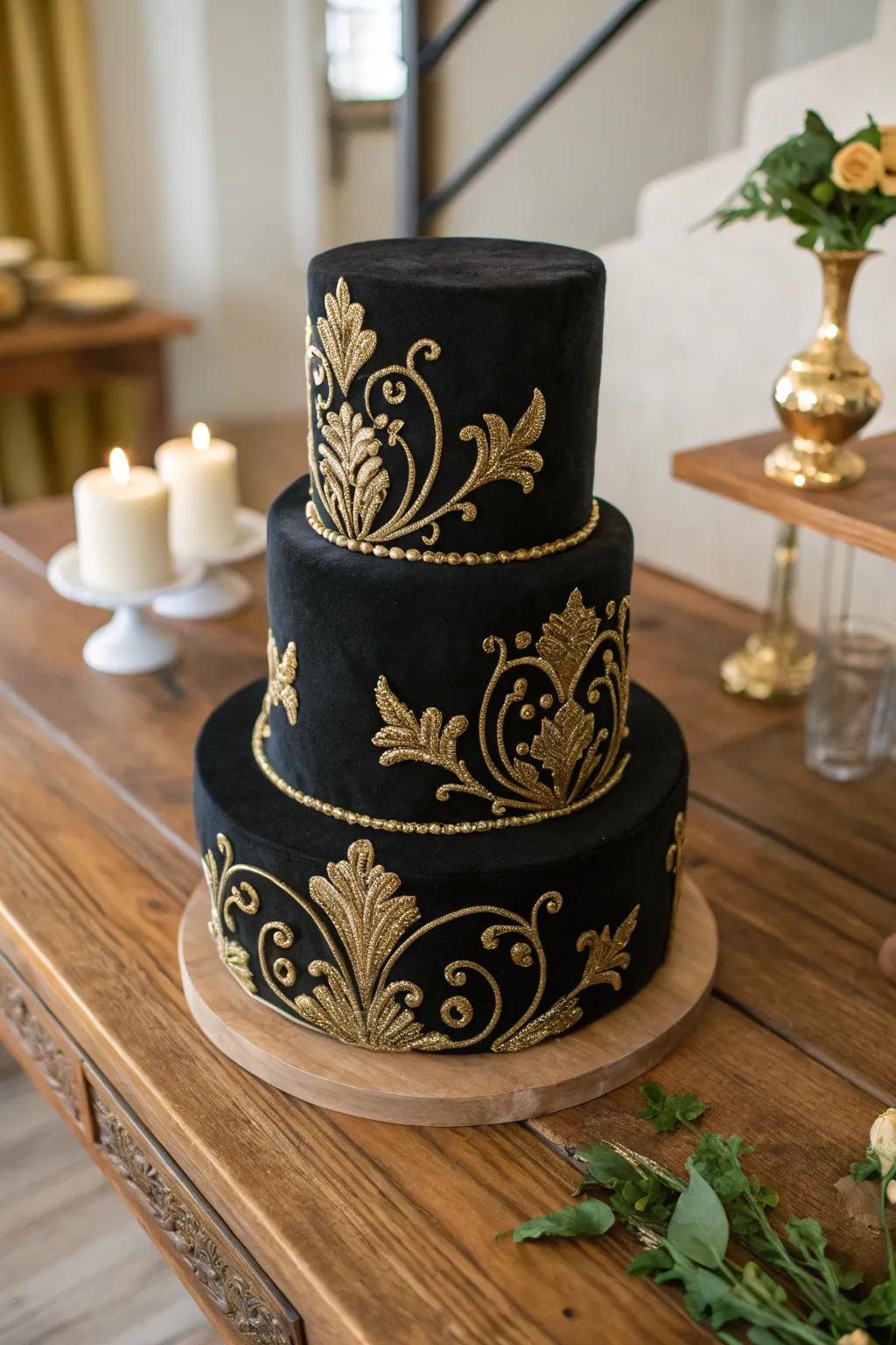 An elegant dark material cake with subtle gilded highlights.