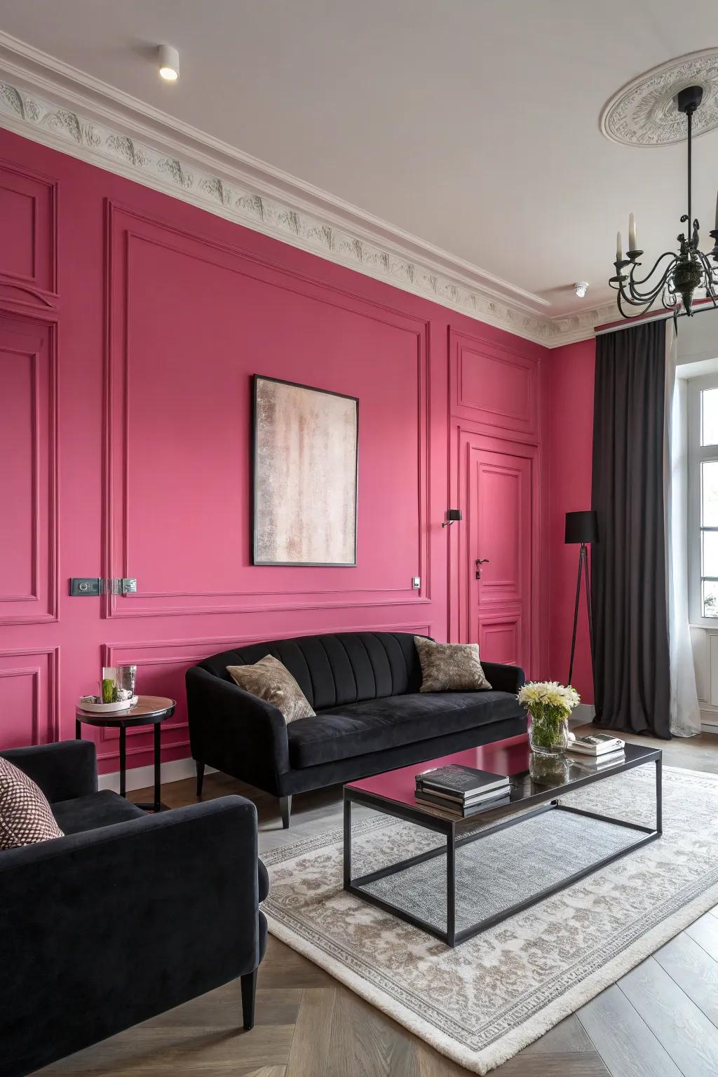A pink focus wall provides a central point that elevates the room’s appeal.