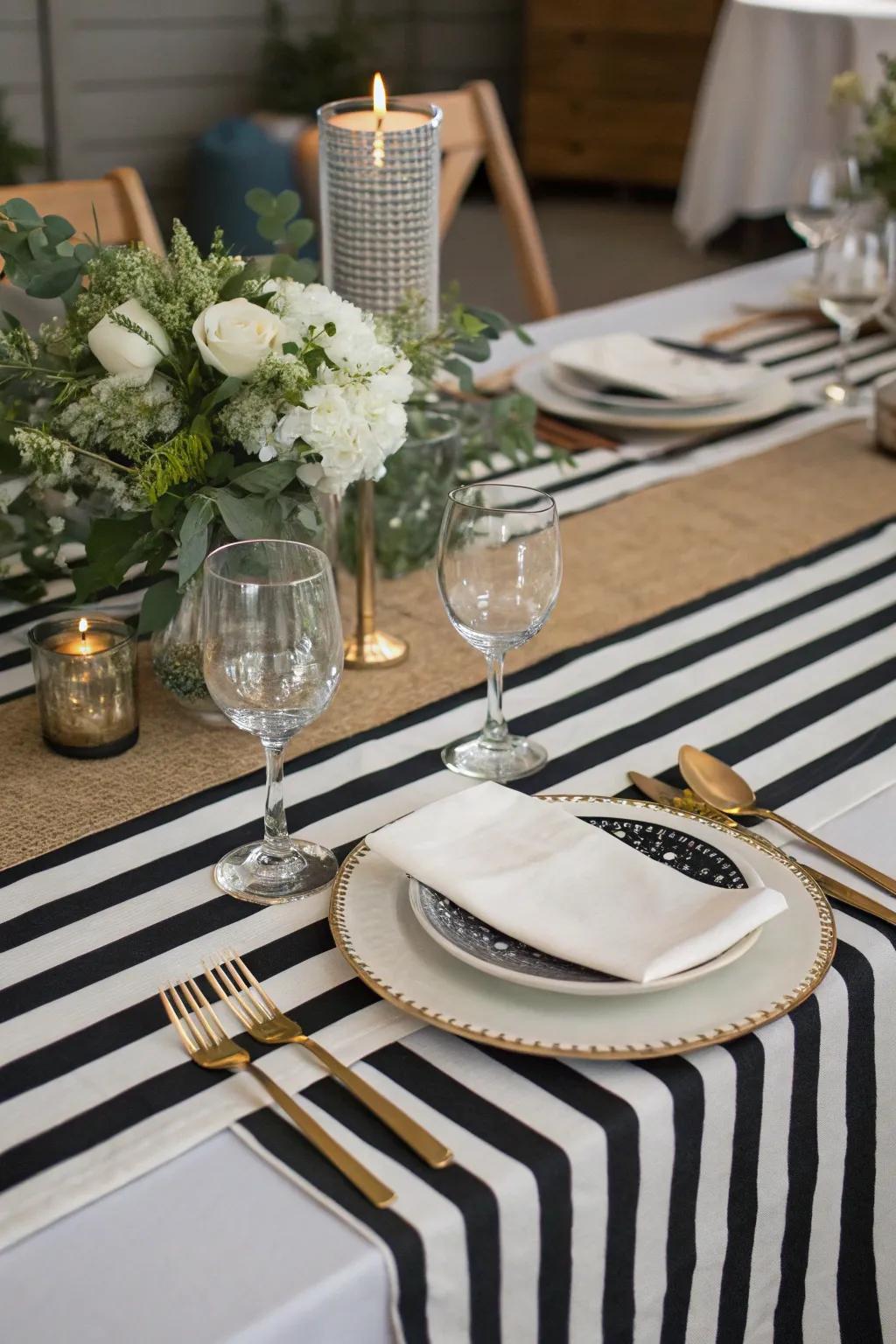 A table decorated with a black and white striped runner.