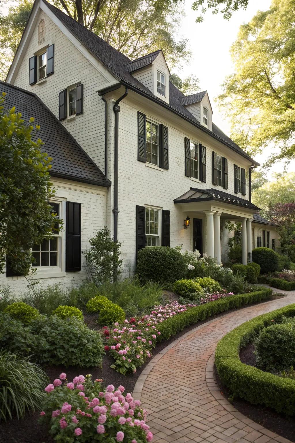 A traditional house highlighting white stone and contrasting black window dressings.