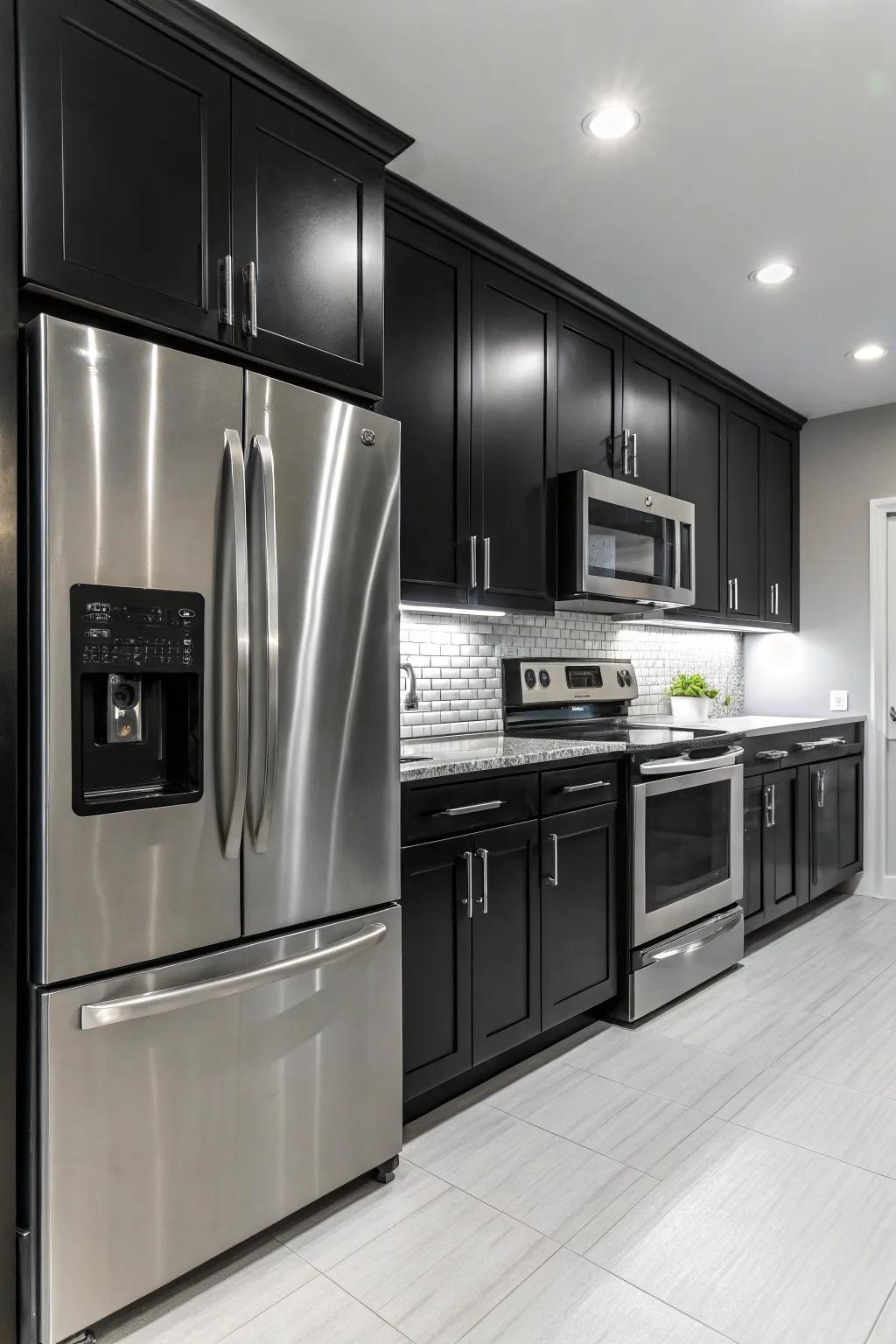 Stainless steel appliances bring a touch of class to this black and white kitchen.