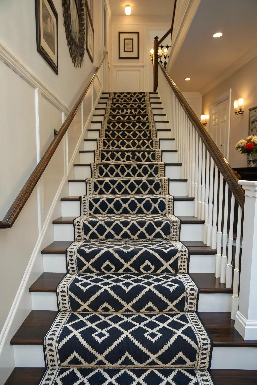 An elegant staircase adorned with a geometric black and white runner, introducing texture and warmth.