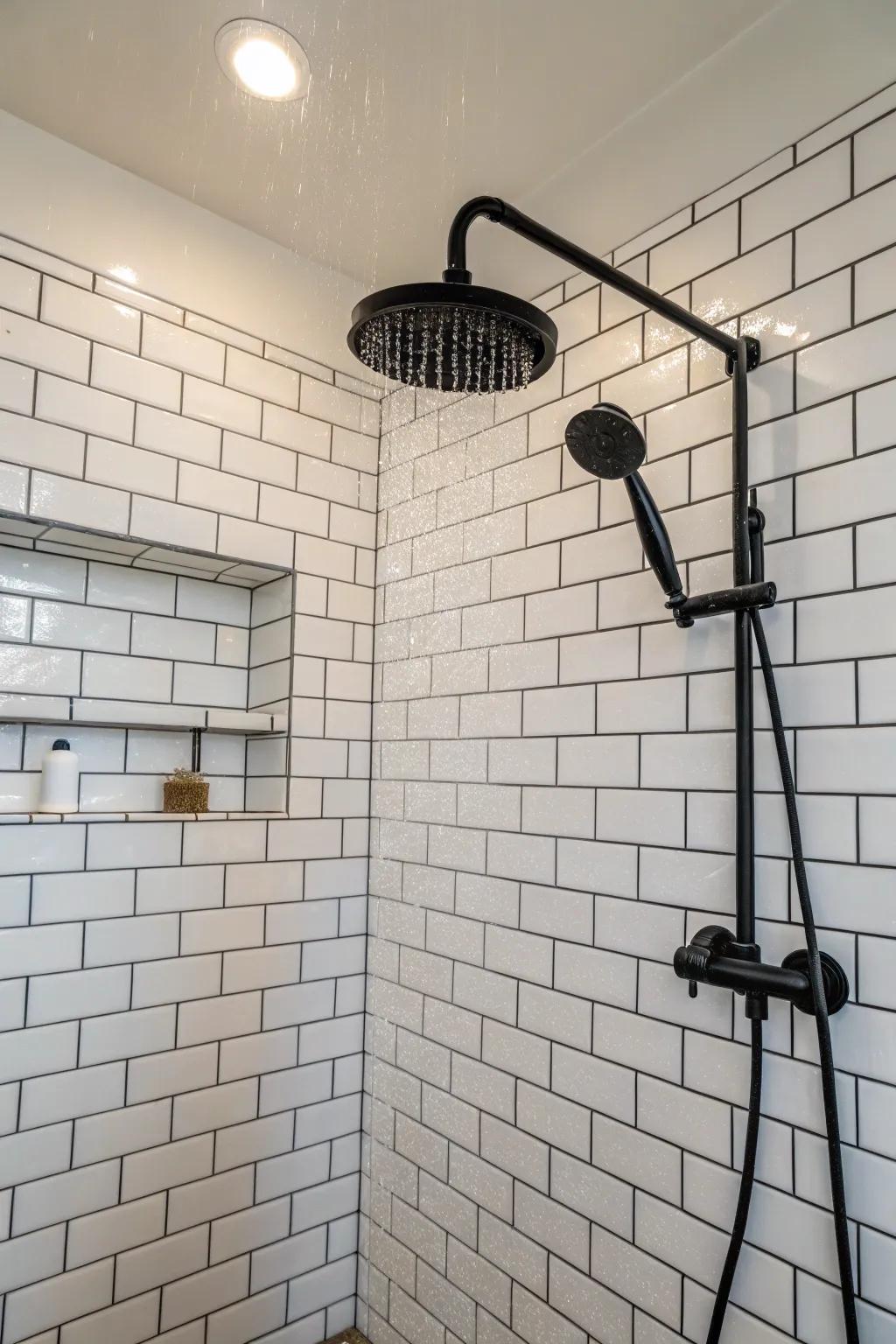 Timeless white rectangular tiles fashion a revitalizing and classic shower ambiance.
