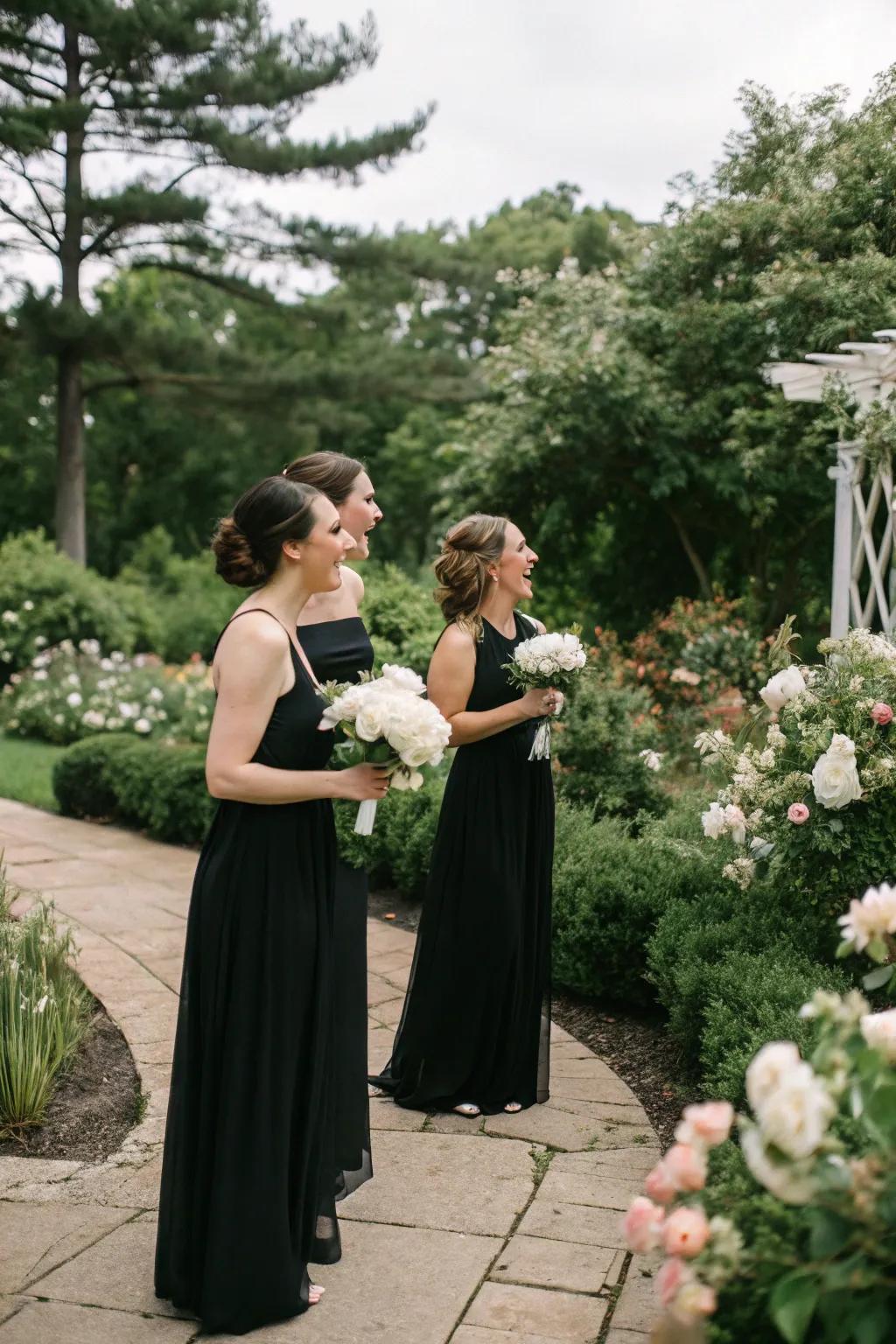 Bridesmaids looking chic in ebony gowns holding ivory bouquets offer a stunning visual.