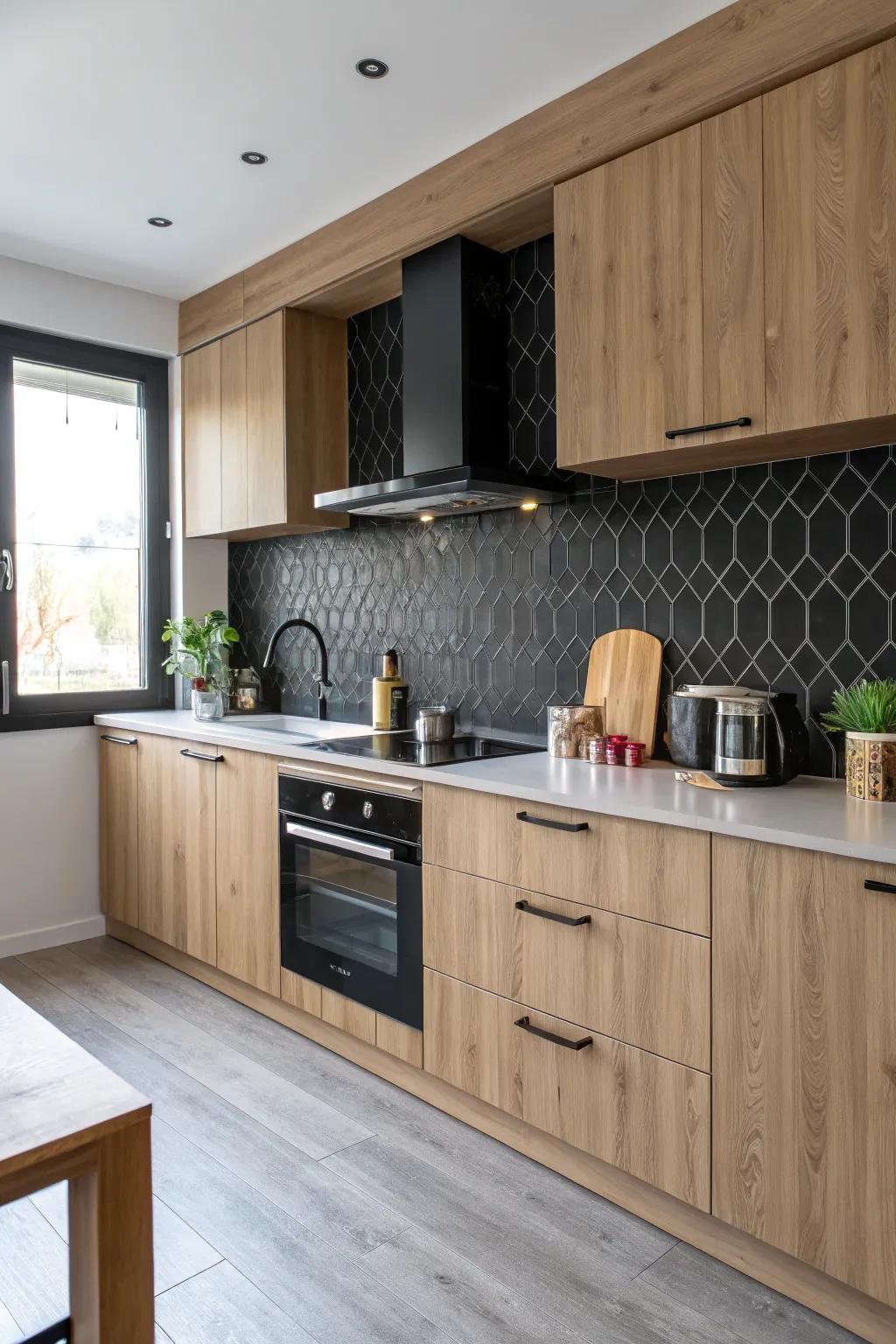 This kitchen showcases the refinement of textured ebony tiles that impart dimension and captivation.
