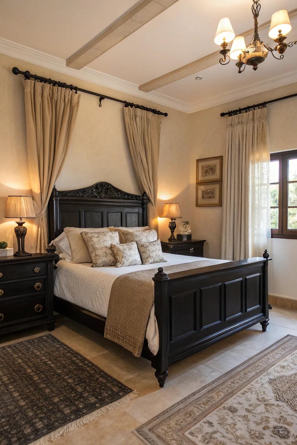 A cozy bedroom featuring dark furnishings and appealing cream-colored accents.