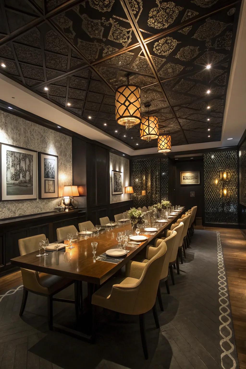 An elegant dining room where a dark overhead sets the mood for memorable meals.