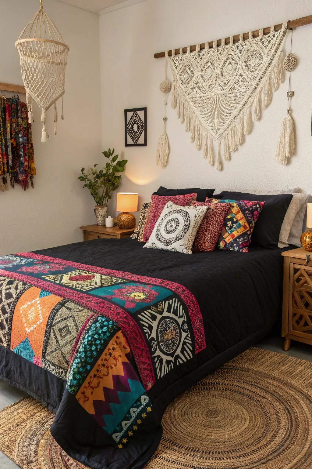 A boho chic bedroom featuring layered textures and lively colors.