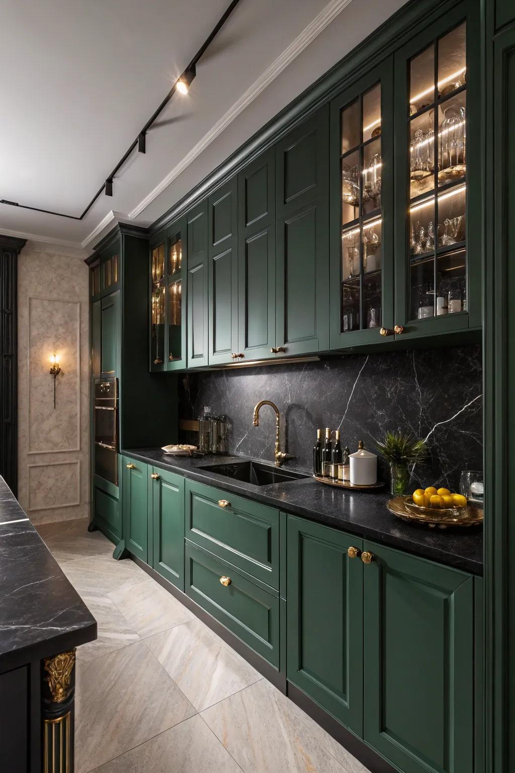 Forest-colored cupboards accompanied by ebony worktops for a striking expression.