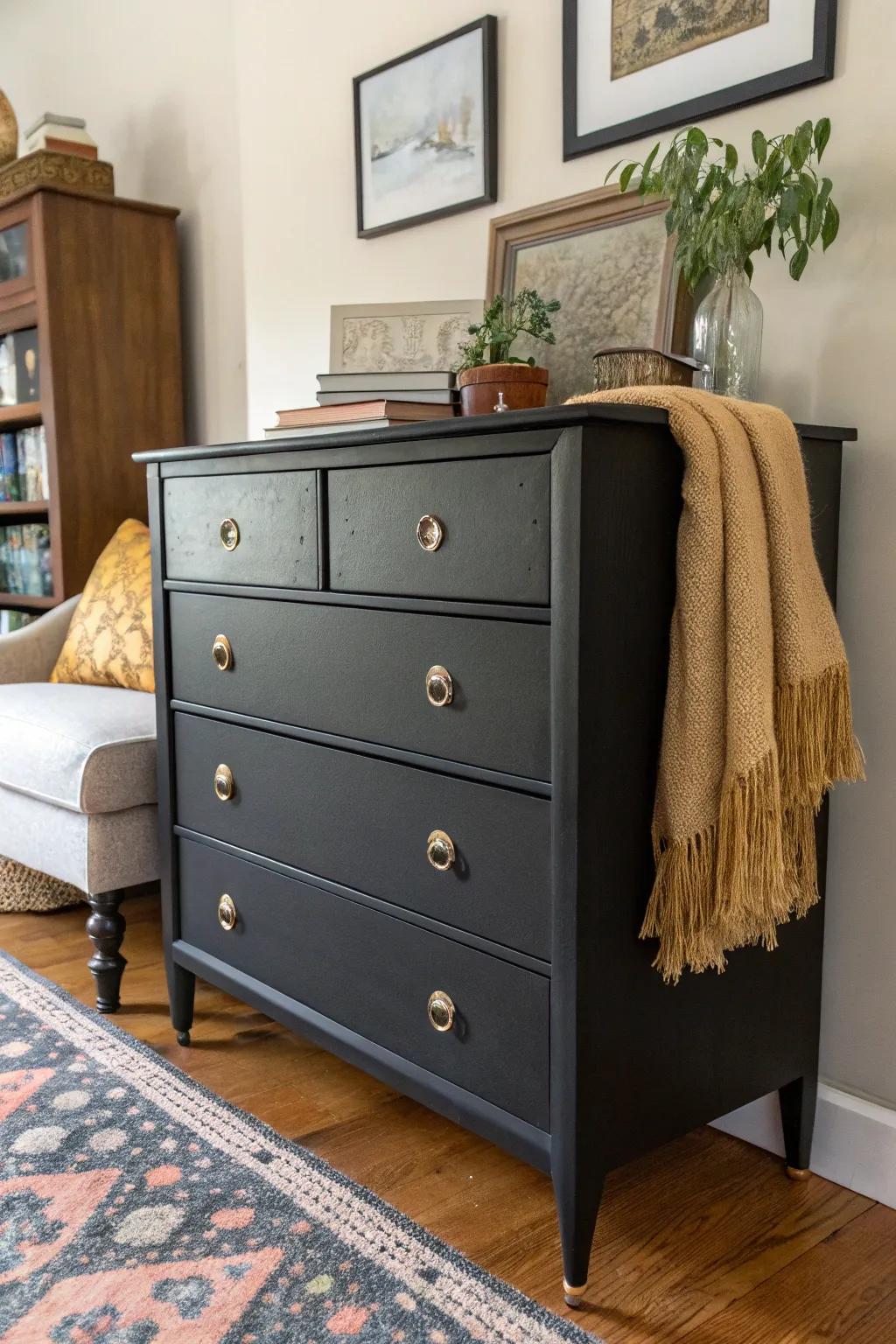 A vintage dresser revitalized with dark finish and modern hardware.