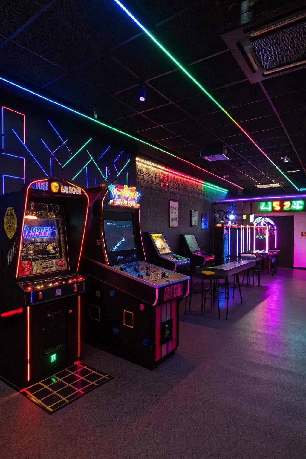 LED and neon lights inject a vibrant and futuristic touch into the game room.
