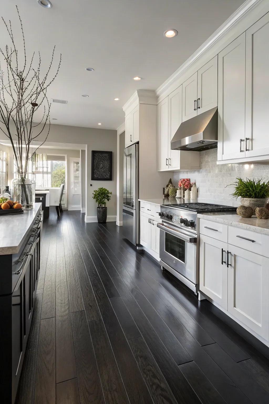 Modern kitchen area showcasing smooth dark floor.