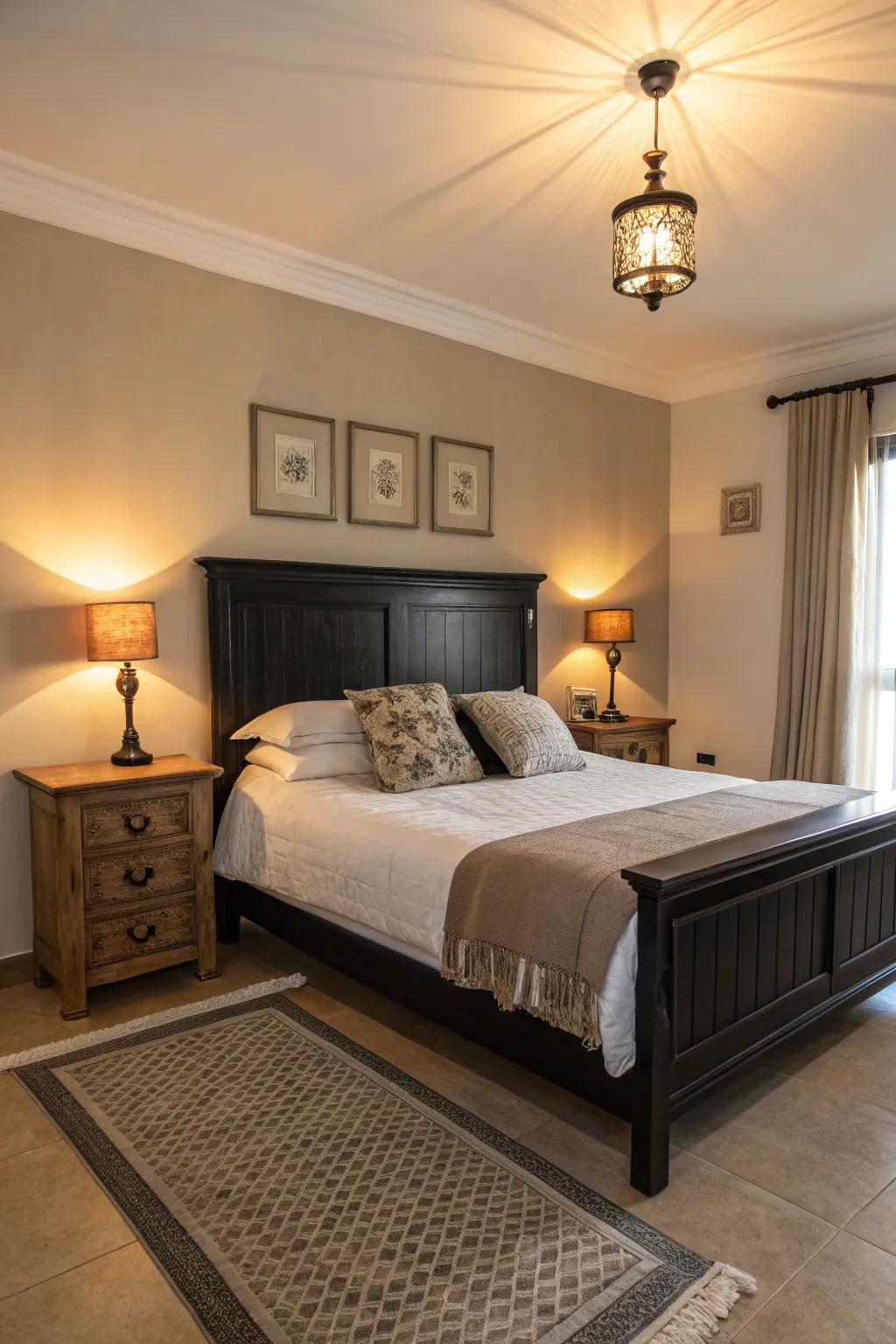 Sophisticated bedroom featuring a traditional dark-toned wood headboard