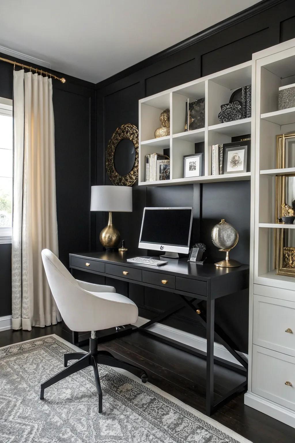 A black office beautifully highlighted with contrasting metallic and white elements.