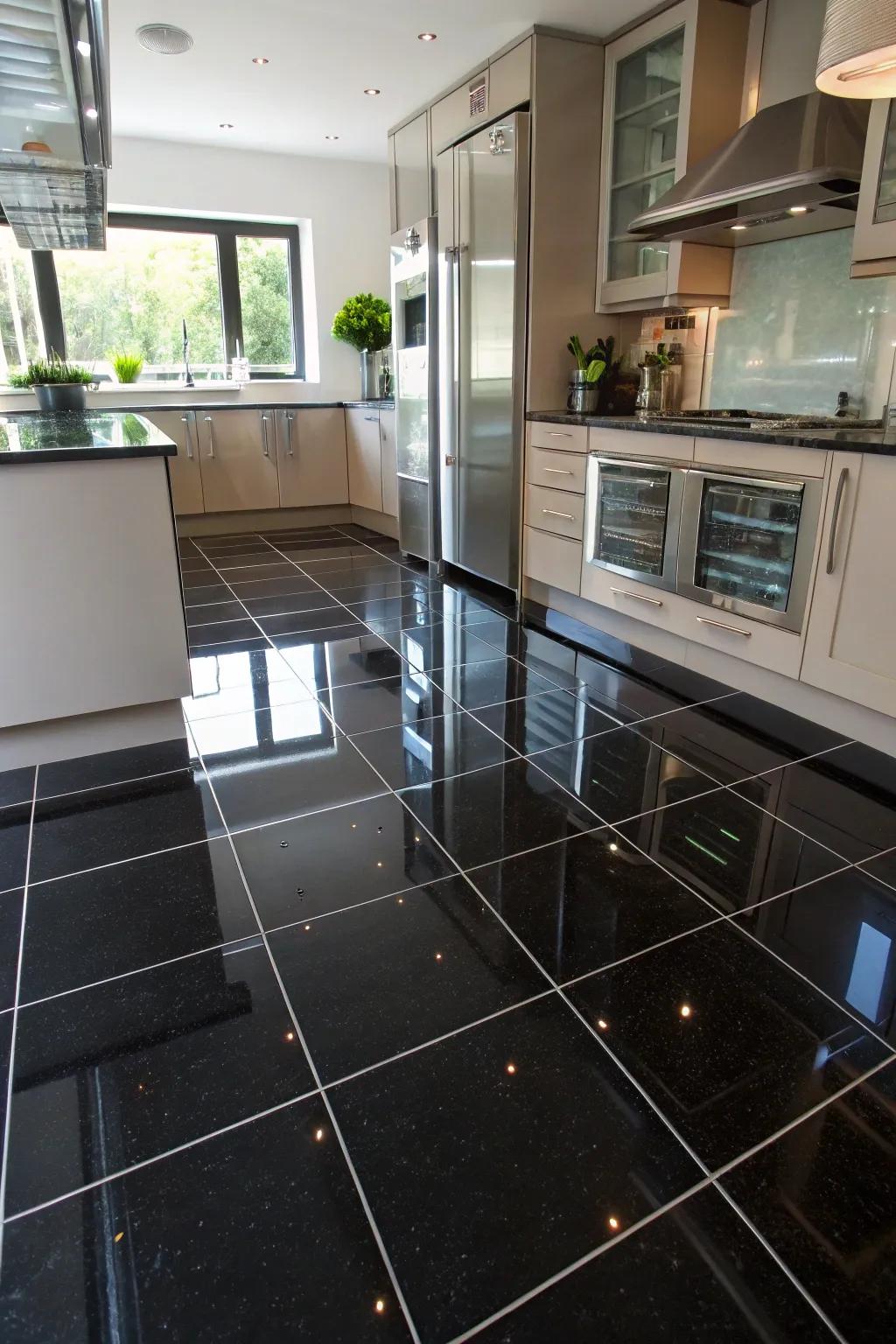 An opulent kitchen presenting high-shine ebony floor tiles that echo elegance.