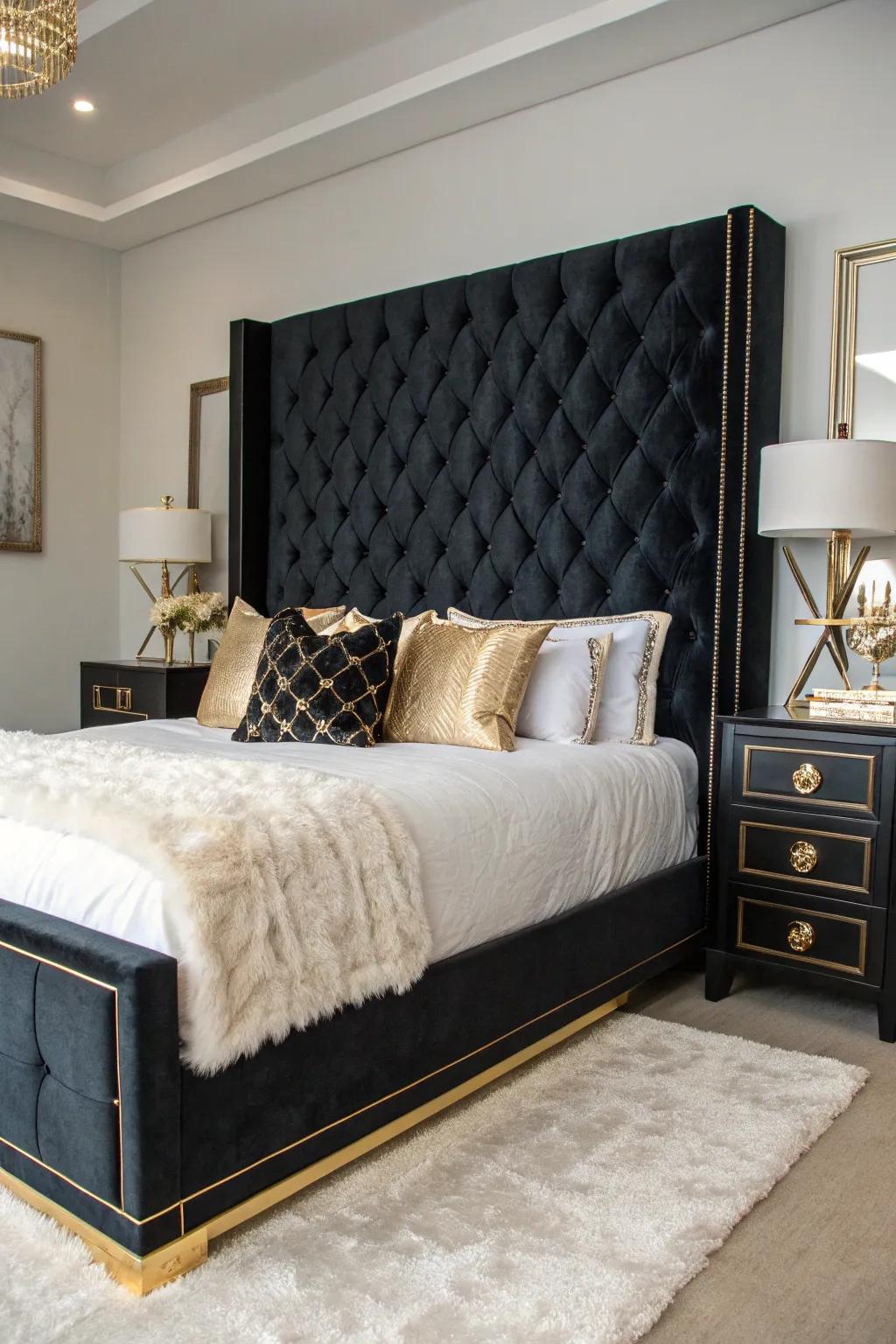 Textured headboards contribute an elegant aspect to a dark-themed bedroom.