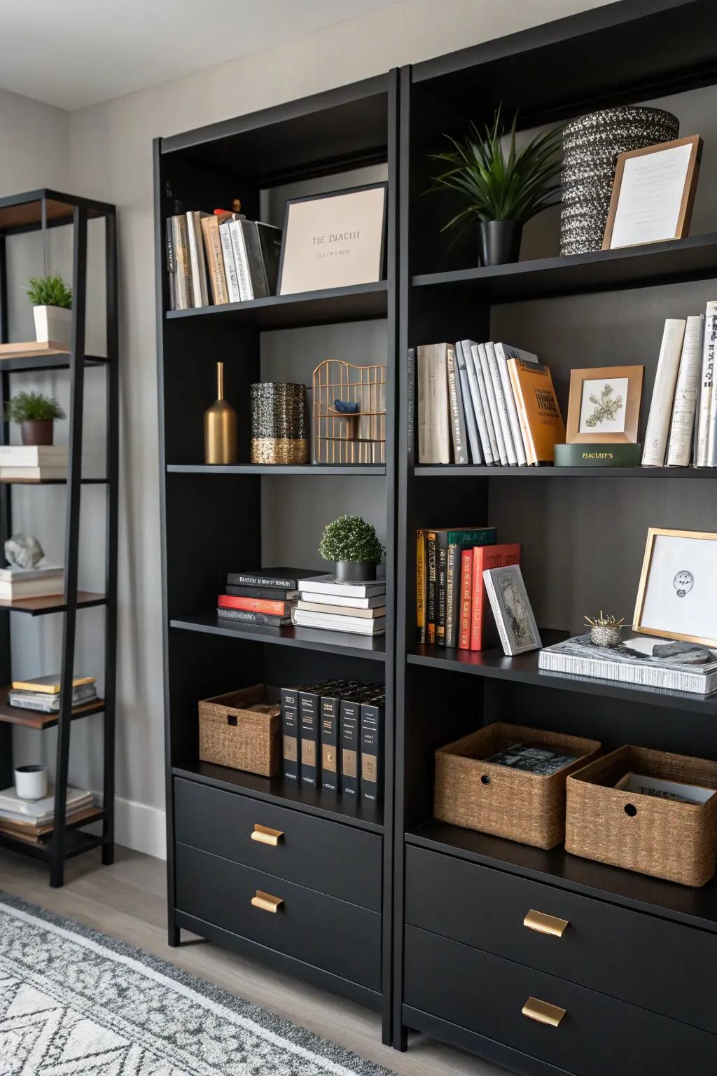 Open shelving combines style and functionality in a black office environment.