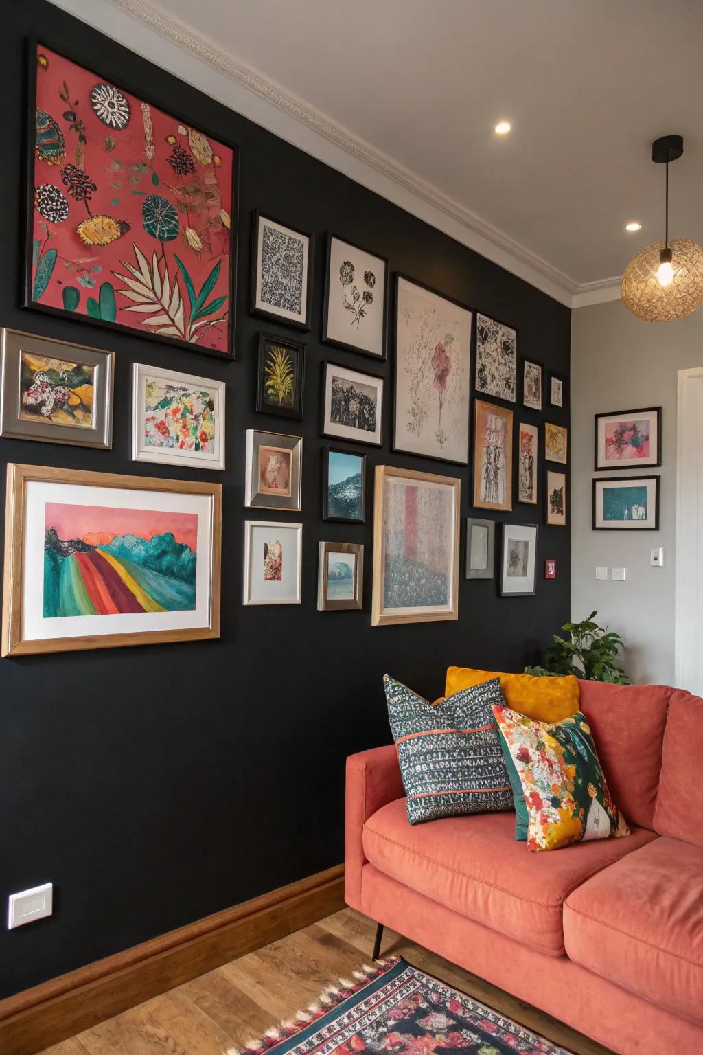 A black wall exquisitely adorned with vibrant artwork.