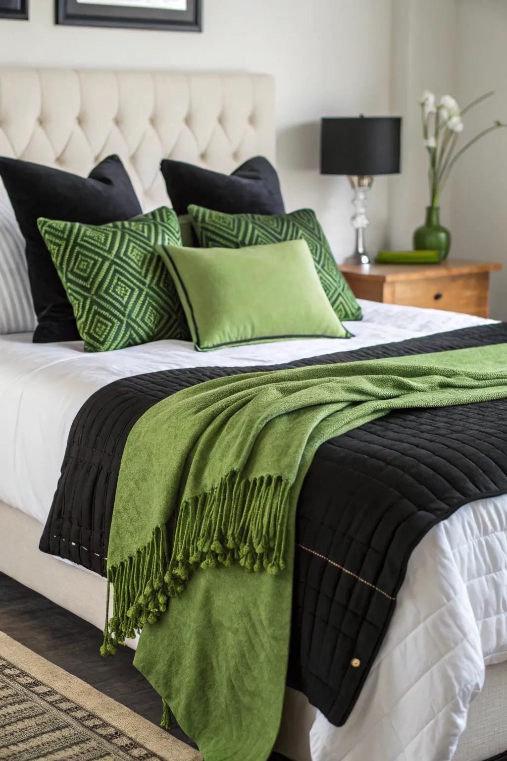 A bed adorned with monochrome and verdant linens for a fresh aesthetic.