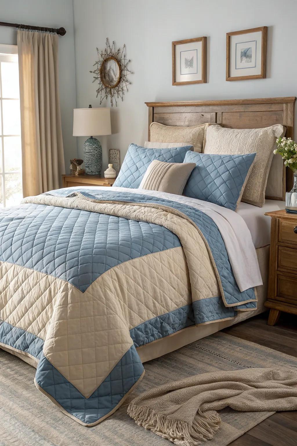 The depth and comfort of blue and beige are enhanced by layered bedding.