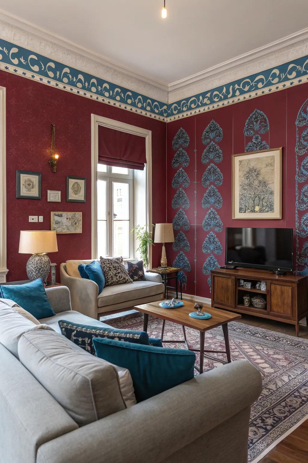 Wine-toned walls with azure highlights present a vibrant spin on classic lounge decor.