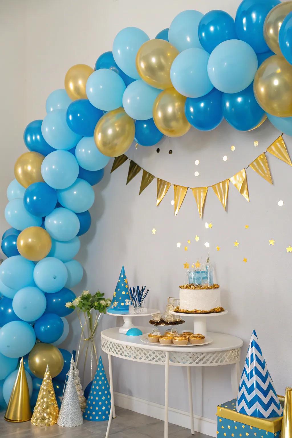 Present enjoyable and style with a blue and gold balloon backdrop.