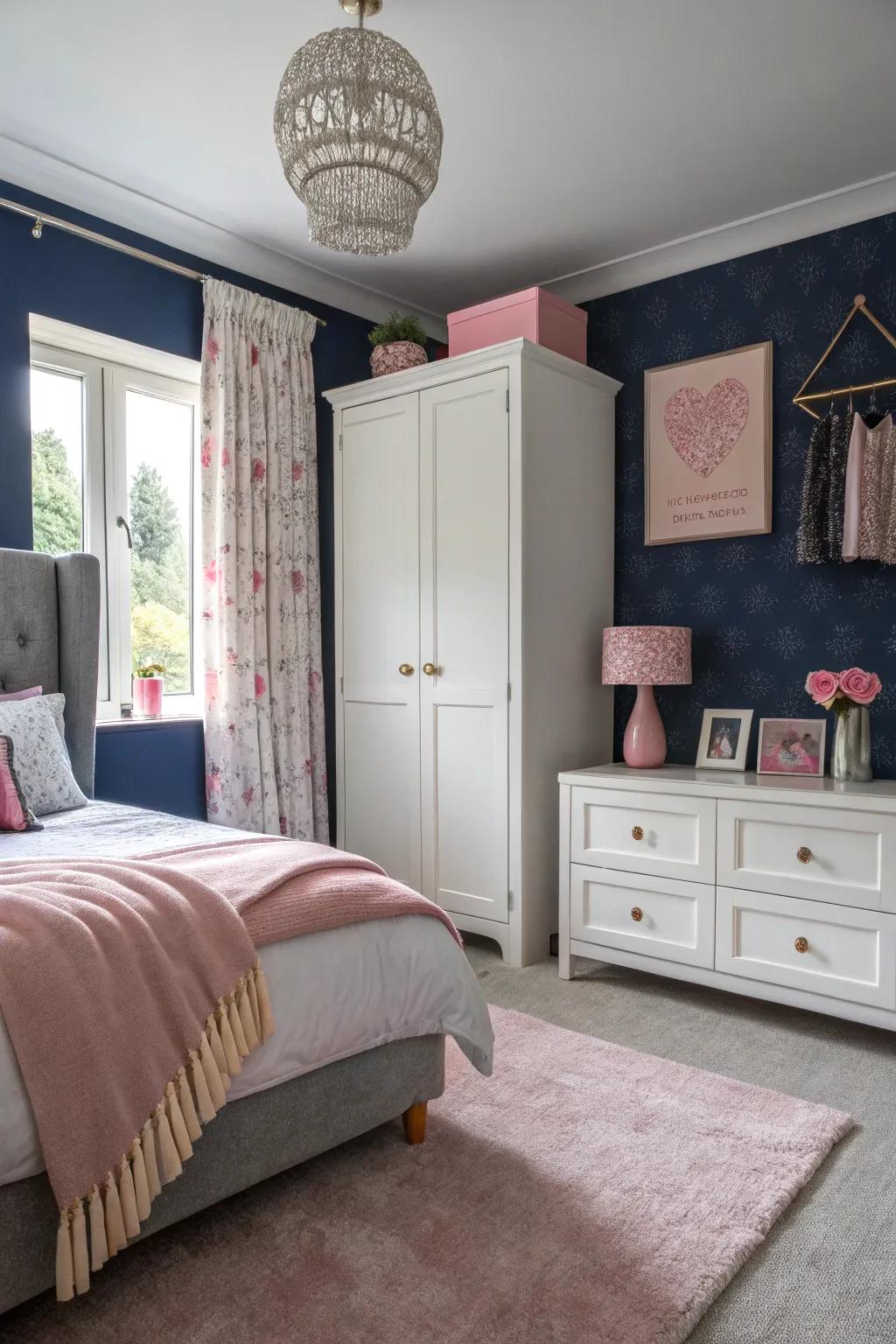A deep blue feature wall contributes depth, enhanced by gentle pink highlights.