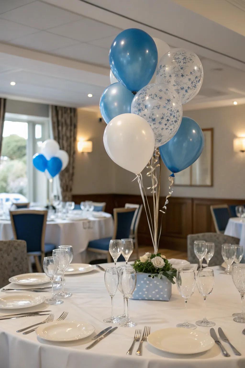A sophisticated balloon bouquet centerpiece enhances your dining ambiance.