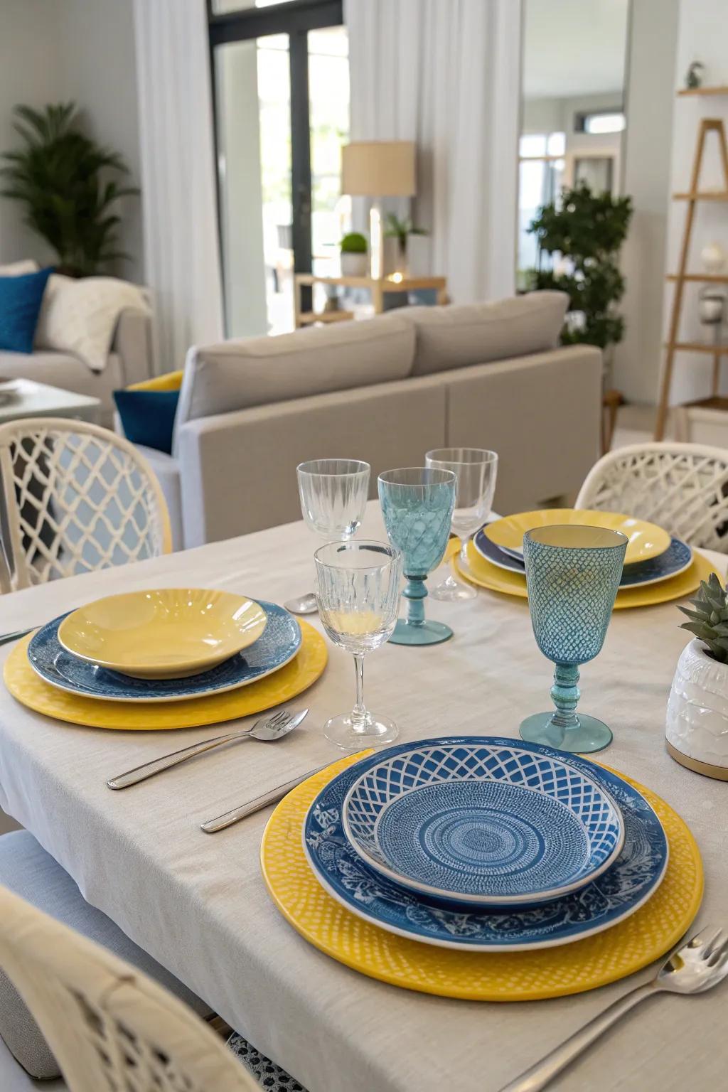 A table setting featuring azure and gold dishware for an enjoyable dining experience.