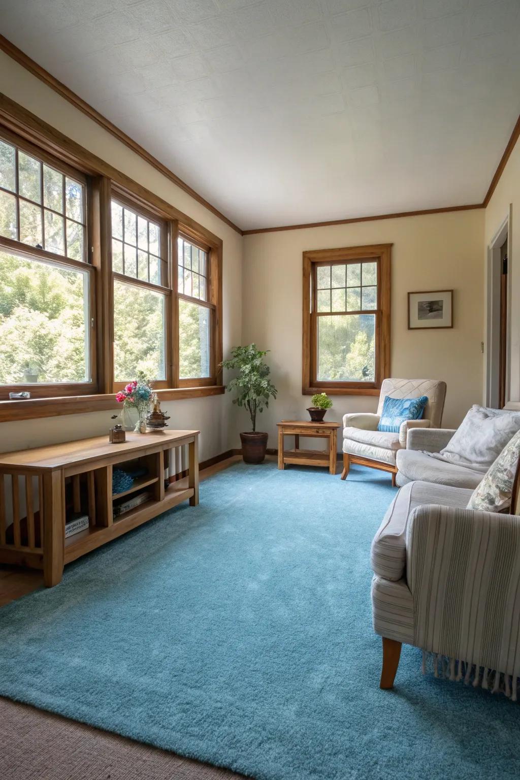 Light blue carpets evoke an open, expansive sensation, excellent for smaller areas.