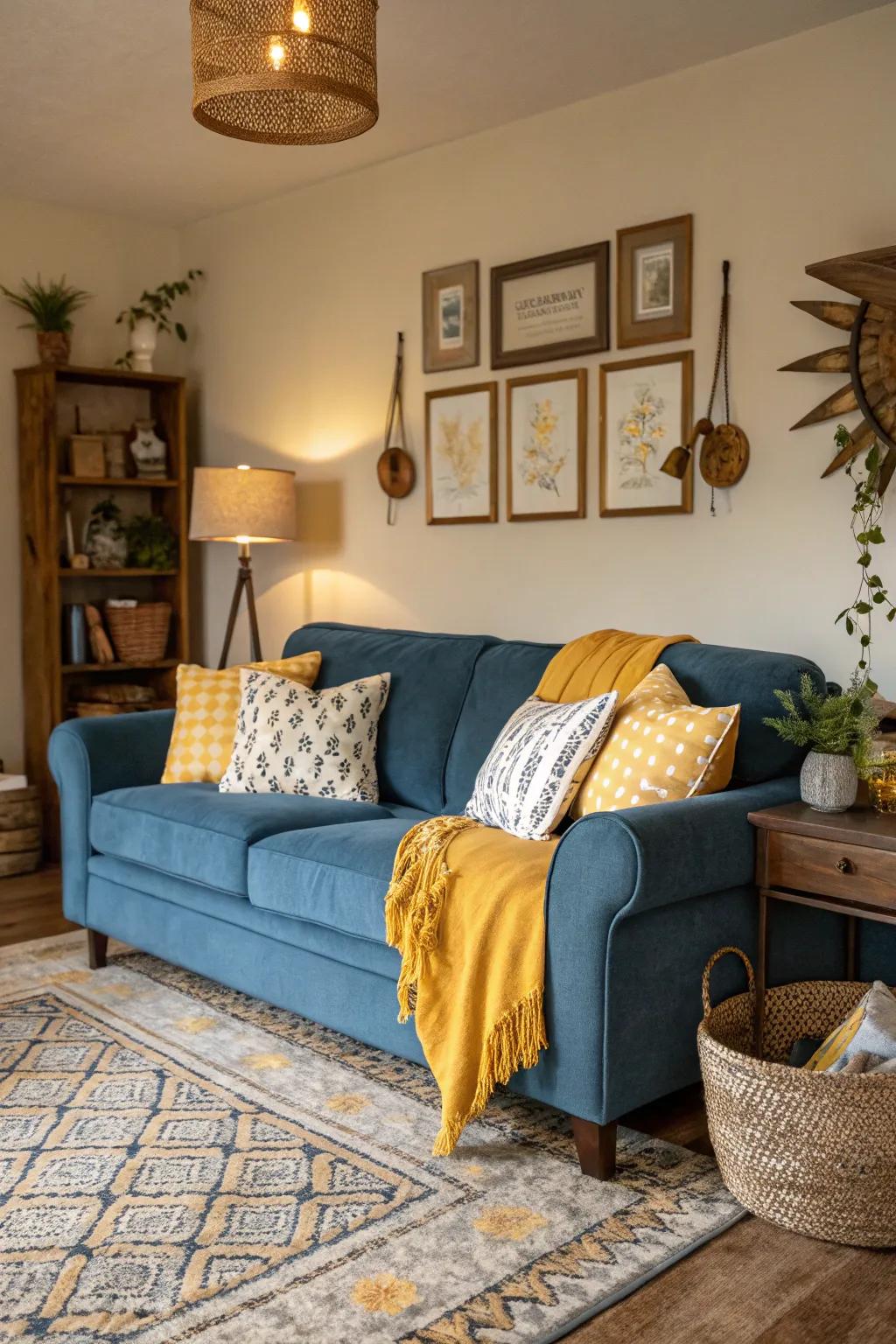 Saffron accents enrich the warmth around a sapphire settee.
