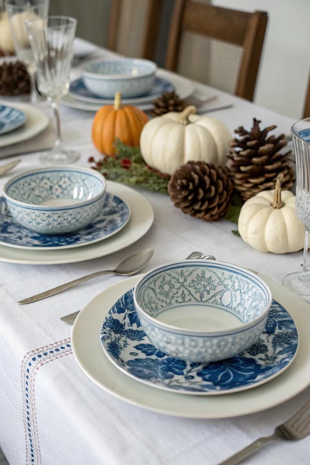 A beautifully arranged table featuring blue and white elements for fall.