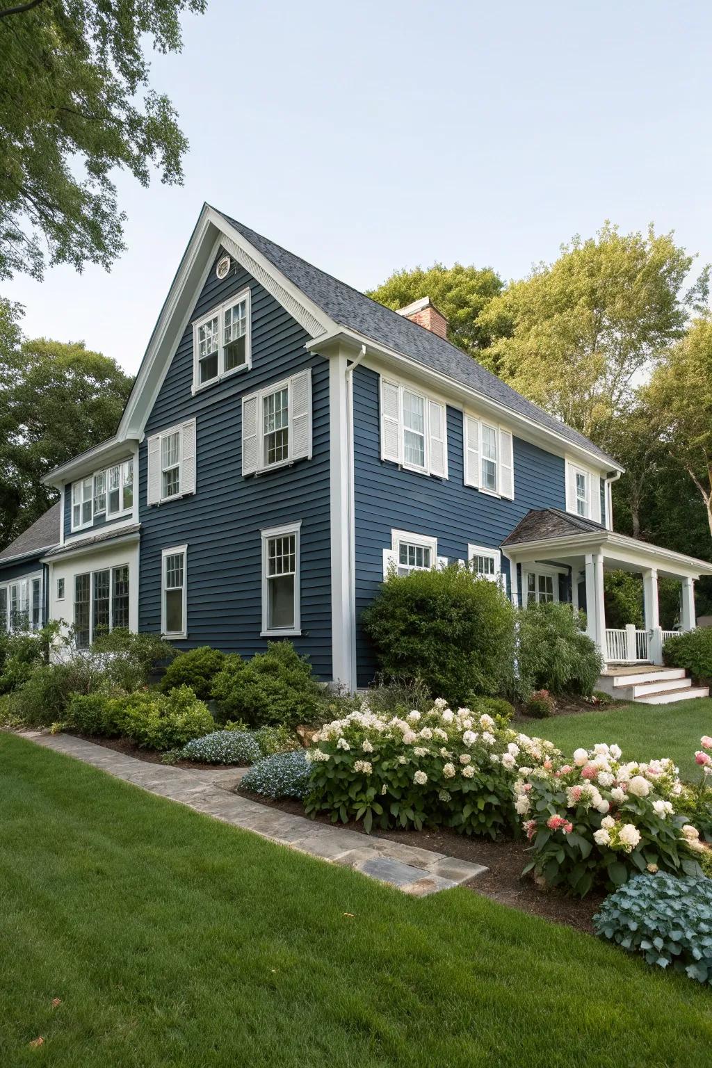 Navy blue and white provide an elegant and timeless exterior.