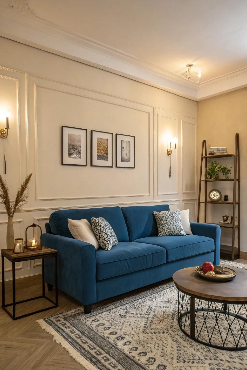 A striking blue sofa acts as the central highlight in this gracefully styled living room.